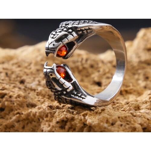 Punk Red Stone Animal Snake Ring For Men Women Stainless Steel Opening Adjustable Ring Gothic King Cobra Ring Wholesale