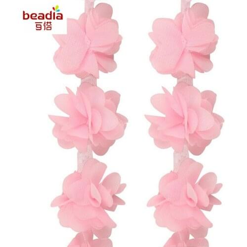 Pink Color 3D Chiffon Cluster Flowers 5cm width Orangza Lace Trim 2 yards approx 24pc Handmade Flower