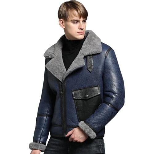New Genuine Sheep Shearling Jacket Young Man real Sheep Skin Coat Male Winter Jacket Blue Men Fur Gentlemen Casual Overcoat