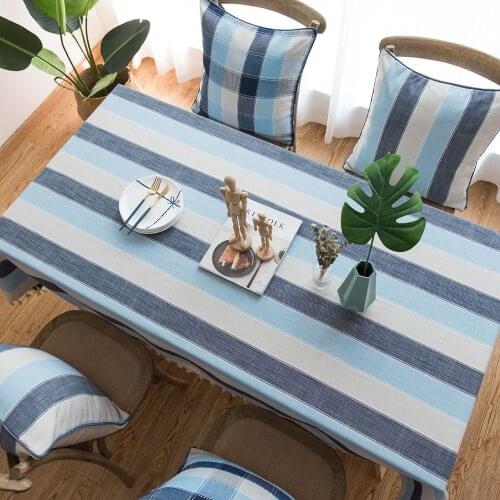 Linen Cotton Blue Stripe Tablecloth Mediterranean Style Rectangular Table Protector Cover For Wedding Party Dining Mantel Tapete