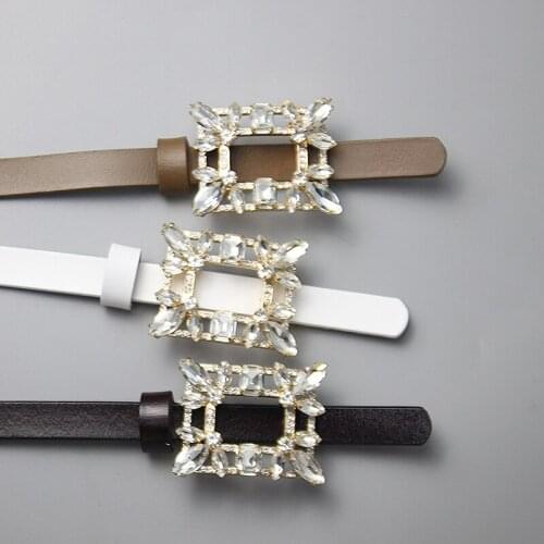 Fashionable glass diamond board buckle, two-layer leather thin belt, womens decorative coat, cardigan, versatile leather small