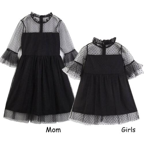 Fashion Girl-Women Dress With Long Sleeve Casual Black Lace Vestidos Infantil Girls Clothing Transparent Polka Dot Decor Dresses