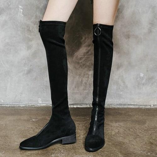 EshtonShero Shoes Women Over The Knee Boots Low Heel Zipper Round Toe Leather/Cow Suede Woman Ladies Motorcycle Boot Size 3-12