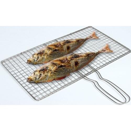 Roast Fish Wire BBQ Mesh Roast Net Shelf Stainless Steel Plating Non-stick Tool Vegetable Handle Mesh Chicken Meat BBQ Tool 1pcs