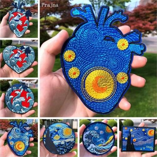 Prajna Van Gogh Heart Patch Iron On Patches For Clothing Embroidery Stripes On Clothes Cartoon Wave DIY Patch Apparel Appliques