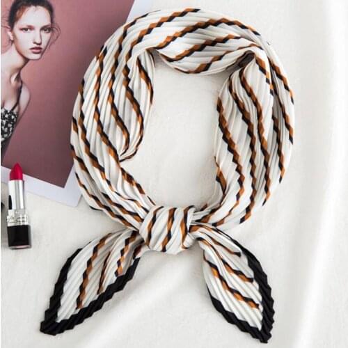 60*60cm Women Summer Wrinkled Foulard Striped Printed Square Scarf Girls Pleated Dots Print Satin Silk Scarf
