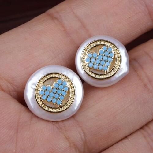 Mint turquoise sky blue cz heart round disc tiny natural coin freshwater pearl bead charm stud earring for women wedding gift