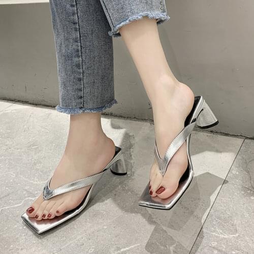 Rimocy Sexy Clip Toe High Heels Slippers Women Silver White Square Toe Party Slides Women Fashion Square Heels Sandals Female