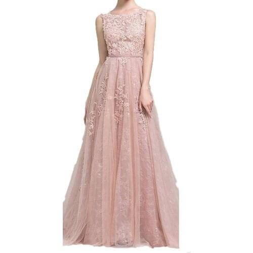 Shwaepepty Elegant Women Light Pink A Line Long Formal Evening Dresses Appliques Lace Sleeveless Prom Party Engagement Dress