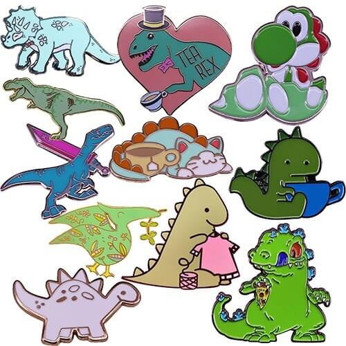 Cute Dinosaur Brooch Tea Rex Enamel Pin Funny Cartoon Animal Badge Jewerly