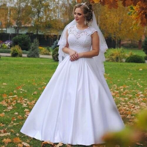 Wedding Dress A-Line O-Neck Cap Sleeve Lace Appliques Lace-Up Backless Satin Floor Length Elegant Bride Gown Custom Made New
