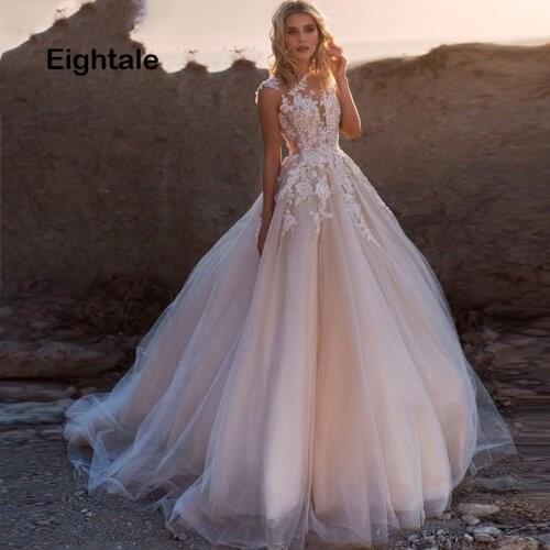 Eightale Boho Wedding Dresses Princess Scoop Illusion Lace Applique A Line Sleeveless Tulle Dress Bridal Gown with Back Buttons