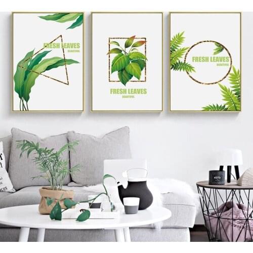 Fresh Green Leaves Wall Art Geometry Canvas Painting Nordic Poster Modern Minimalist Print Picture for Living Room Home Decor
