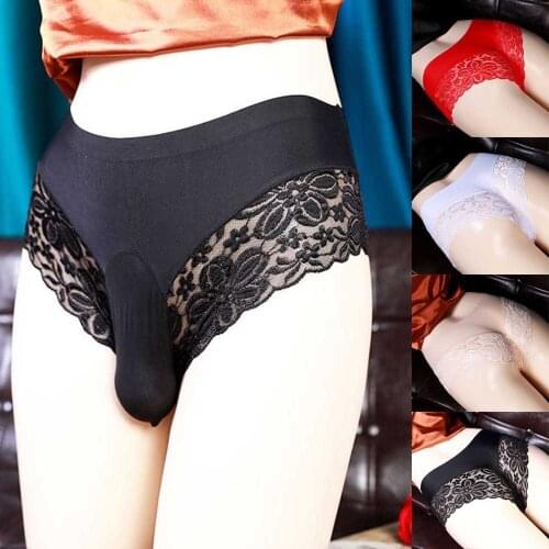 Sexy Men Lace Briefs See-through Underwear Sissy Bugle Pouch Briefs Thong Panties Seamless Gay Men Underwear Thong Breathable