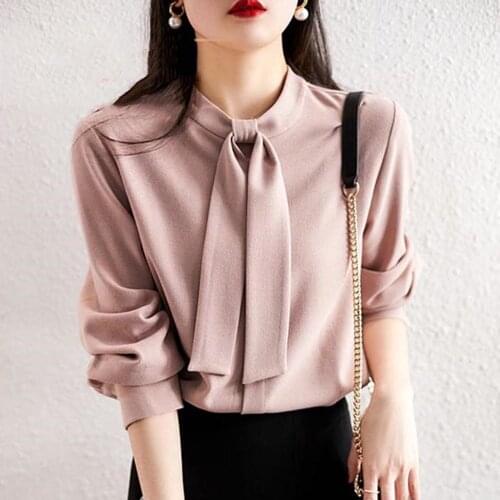 Bellaza Blouse Women Solid Color Autumn Wear Slim French Retro Bow Collar Long Sleeve Slim Top Female Fashion OL Shirts Simple