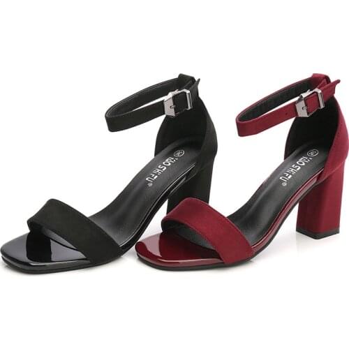 Original Snout Chunky Women Sandals Buckle Belt High Heeled Flock Ladies Office Shoes Heeled 5.5cm 7CM
