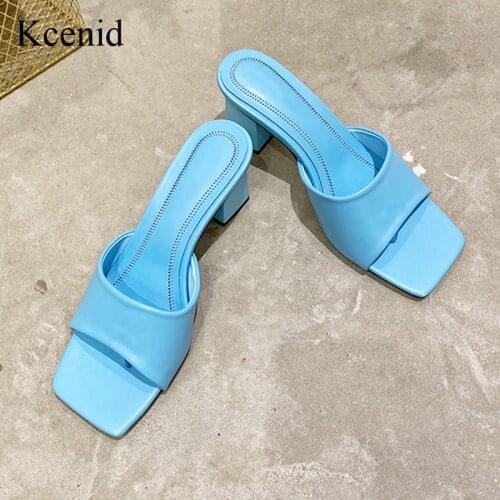 Kcenid 2021 Summer New Women Slippers Blue Black White Square Toe High Heels Slip On Flip Flops Elegant Women Slides Shoes
