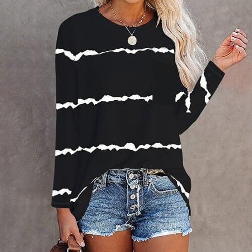 Womens Long Sleeve Tops Tee Striped Print Loose Pullover Tops with Pocket Striped Printed Clothes Tees Spring Female