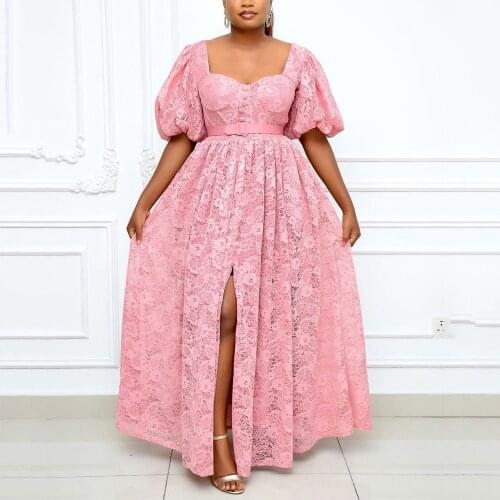 4XL 5XL Plus Size Pink Lace Dresses Womens High Waist High Split Ankle Length Elegant Evening Night Party Vestidos Mujer Dress