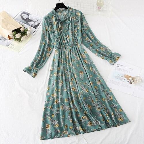 Europe Style Fashion Women Dress 2020 Spring New Long Sleeve Bow Neck Print Casual Chiffon Dress Female Vestidos