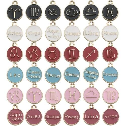 1 Set ( 12 PCs/Set) 12 Constellation Charms Pendants Round Double Face Enamel Pendants For Necklace Jewelry Findings 12mm Dia
