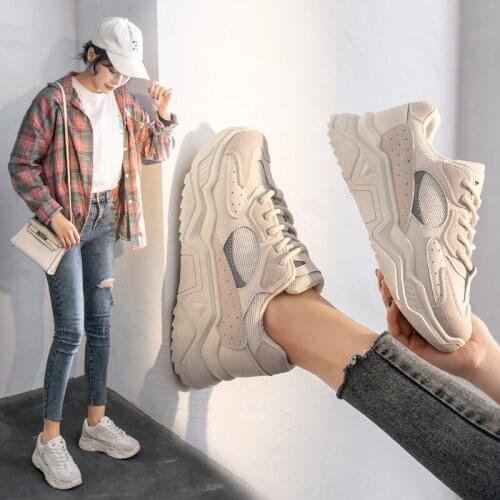 2021 Spring Sneakers Women Thick Bottom Daddy Shoe Thick Bottom Round Toe Breathing Leisure Female Vulcanize Shoes