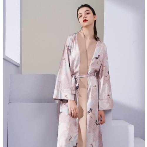 250 Fashion Spring Autumn Crane Sleepwear Robes Nightgown Home Pants Ice Silk Satin Robe Sets Kimono Bathrobe For Women Pajama