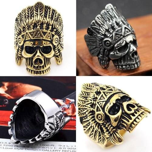 316L Golden Indian Chief Mens Calvarium Punk Vintage Ring Gothic High Quality Stainless Steel Biker Rings Motorcycle jewellery