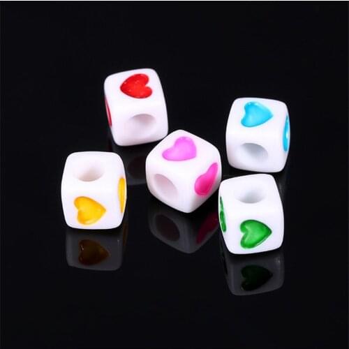 Cube Acrylic Heart Beads 1900pcs/Lot 7*7mm Big Hole White Pearl with Colorful Hearts Printing Plastic Cube Loose Spacer Beads