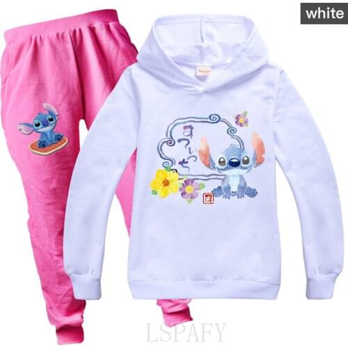 Disney Cute Stitch Hoodie Suit Kids Fashion Cartoon Hoodies And Pant 2 Pcs Sets Girls Funny Sweatshirts Children Clothes