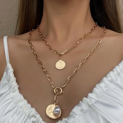 Flashbuy Bohemia MultiLayer Chain Portrait Coin Pendant Necklace for Women Fashion Long Chain Charm Necklace Hot Jewelry