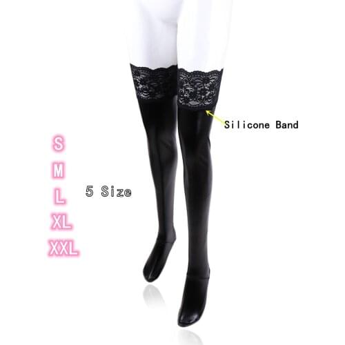 Pu Leather Long Boot Over Knee Thigh-high Stockings with Lace and Silicone Band Anti-skid for Female Club Wear Exotic Lingerie