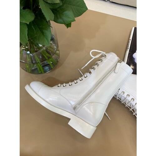 Plaid Real Leather Boots Women Boots Round Toe Flat Heel Short Booties Women Lace Up High Quality Women Autumn