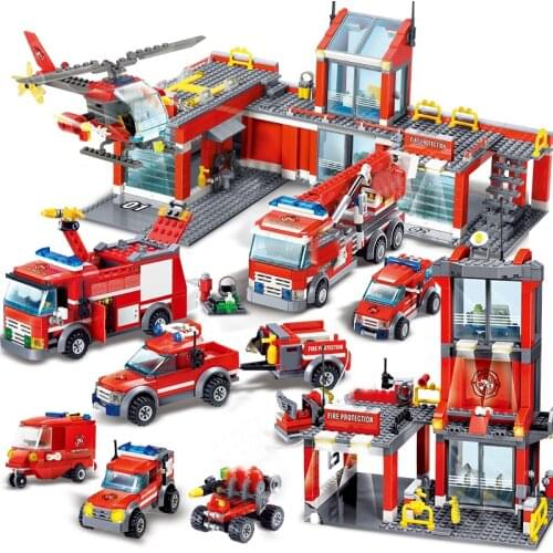 QWZ City Fire Station Building Blocks Sets Fire Engine Fighter Truck Enlighten Bricks Playmobil Toys for Children Gifts