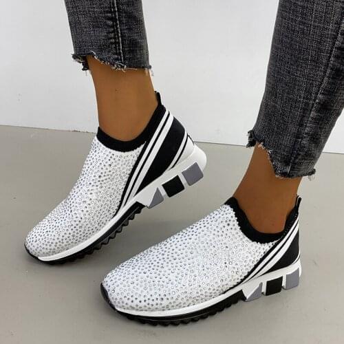 YSHUNIJ 2021 New Large Size Rhinestone Letters Fly Woven Breathable Casual Shoes Students Joker Sneakers Women