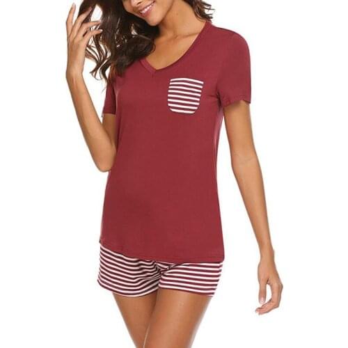 Summer Sleepewear Fashion Striped V-neck Short Sleeve Tshirt and Shorts Two-piece Suit Home Service Women Tracksuit
