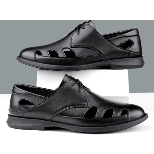 Mens Flat Shoes Genuine Leather Breathable Driving Shoes Outdoor Slip-on Loafers Casual Shoes Hollow Out Sandals Moccasins