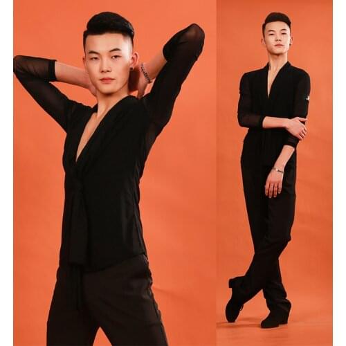 Custom Made Professional Latin Dance Tops Mens Long Sleeves V-Neck Professional Ballroom Dancing Performance Shirt Male DL5692