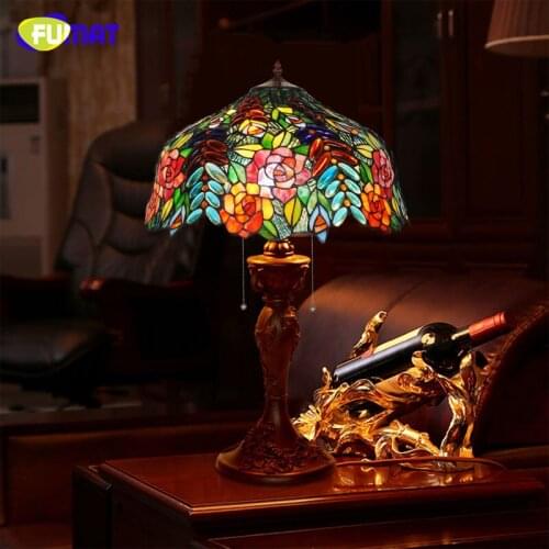 FUMAT Stained Glass Table Lamp Creative Glass Rose Shade Table Lamp Living Room Bedside Stand Lamp Bar Studio Table Lights