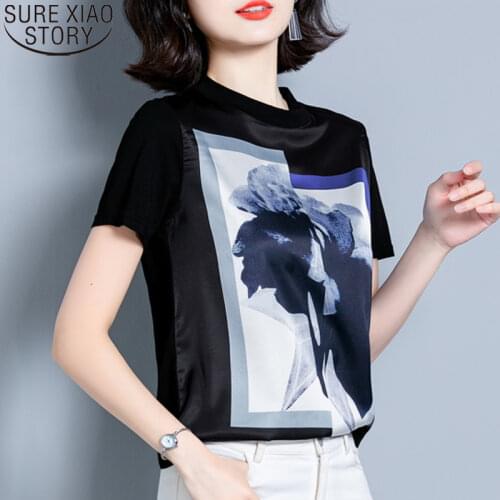 2021 New Fashion Print Shirt O-Neck Silk Women Blouses Short Sleeve Summer Womens Tops and Blouses Plus Size Loose Clothes 10158