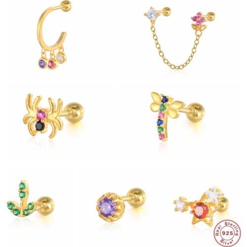 Pendientes plata 925 Colorful Zircon Luxury Piercing Stud Earrings For Girls Boy Valentines Day Gift Helix Earrings Jewerly