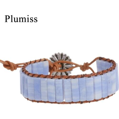 Oblong Blue Lace Agates Wrap Bracelet for Women Geometric Natural Stone Blue Chalcedony Beaded Bracelet Ethnic Femme Jewelry