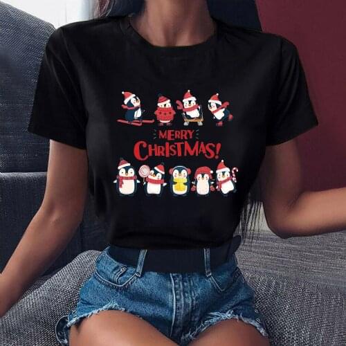 ZOGANKI Merry Christmas Women T-shirt Cute Cartoon Penguin Graphic Printed Unisex Black Tshirts Girls Boys Short Sleeve Tops Tee