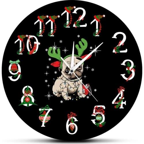 Pug Dog Christmas Ornament Printed Wall Clock Funny Deer Pug Clock Watch Pug with Antlers Holidays Home Decoration Gift For Kids