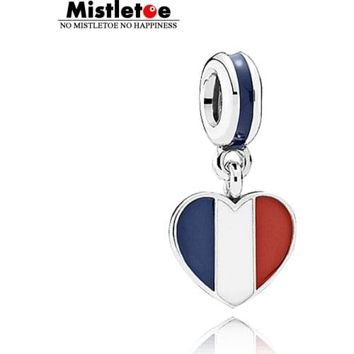 925 Sterling Silver France Flag Heart Dangle Charms Red Blue & White EnamelFit European Bracelet & Necklace Jewelry