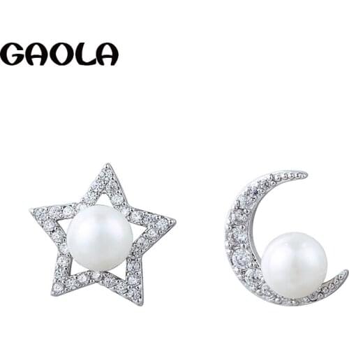 GAOLA High Quality Moon And Star Earrings Silver Color Cubic Zircon Stud Earring for Women Gift GLE6002Y