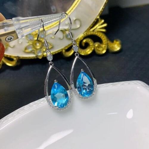Elegant Blue Topaz Hook Earrings for Party 8mm*12mm Pera Cut Natural Topaz Drop Earrings 925 Silver Crystal Eardrop