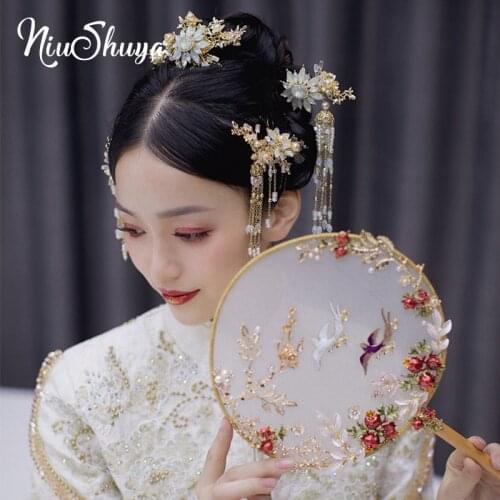 NiuShuya Traditional Chinese Style Hairpin Gold Hair Combs Costume Bridal Headdress Head Jewelry Wedding Hair Accessories