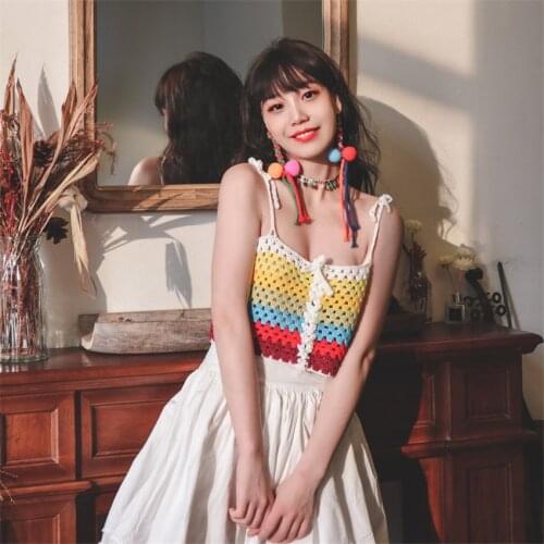 Summer Boho Knitted Camis Women Sexy Hollow Out Beach Tank Tops Rainbow Striped Crochet Crop Top Holiday Tee Shirt Femme