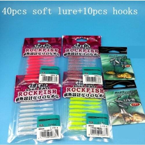 TSURINOYA 50PCS/LOT New AJING Fishing Lure 40PCS SOFT LURE+10PCS HOOKS 0.4g/60mm 4colors Rockfish Bait Needle Tail Soft Lure